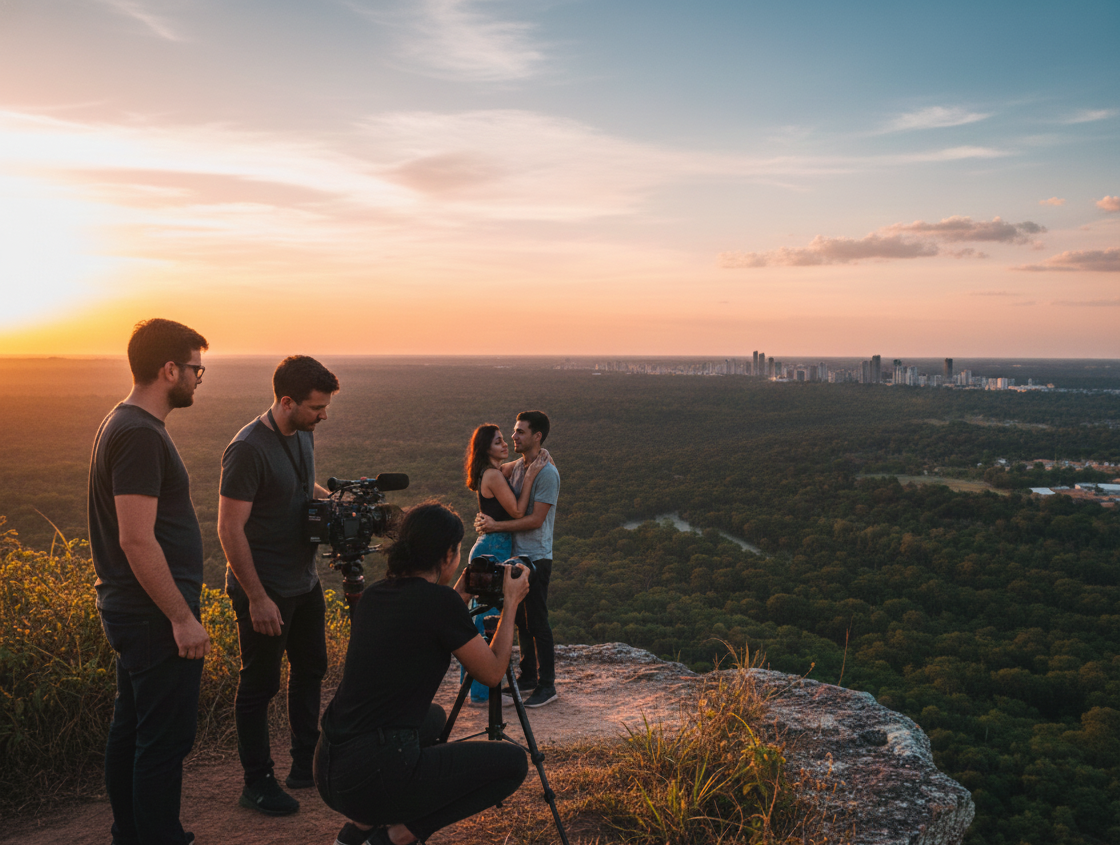 Operadores da Incidência Filmes produzindo vídeo em mirante de Palmas, Tocantins
